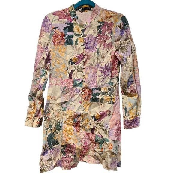 Zara Bloggers Favorite Floral Parrot Tapestry Linen Button Up Dress M *Flaw EUC - Picture 2 of 15